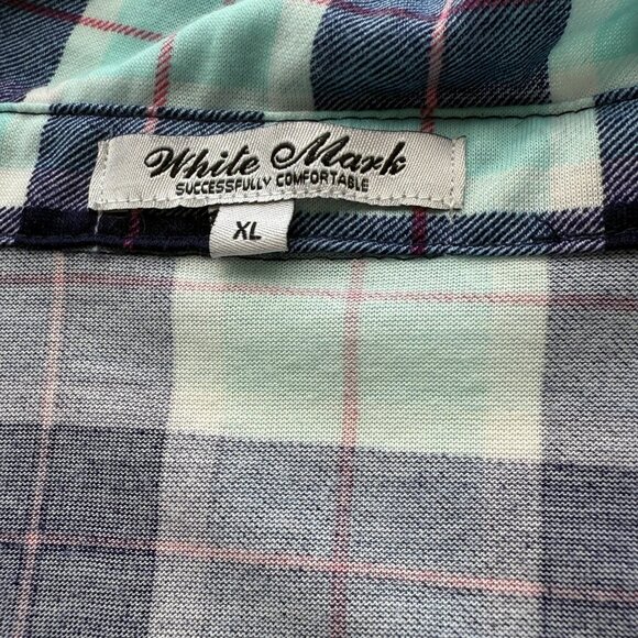 White Mark Plaid Light Blue & Navy Button-Up Shirt Long Sleeves Womens Size XL - Picture 4 of 6